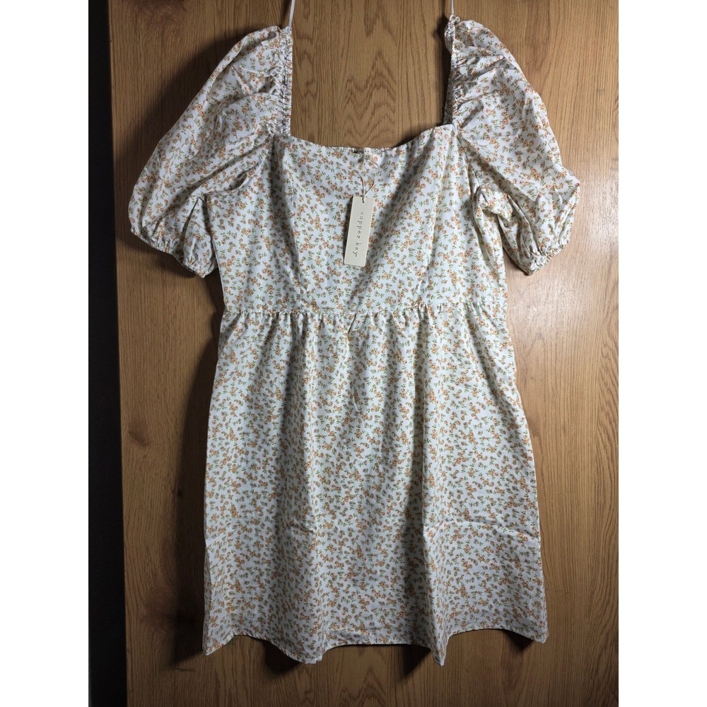 Copper Key Women XL Puff Sleeve Floral Mini Dress Square Neck White Orange